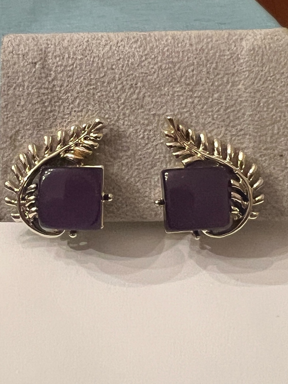 Vintage Coro square purple thermoset clip on earrings in silver leafy setting